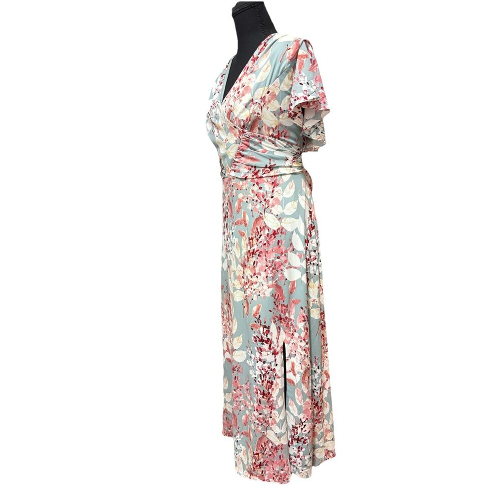 Adrianna Papell Light Blue and Pink Floral V-Neck Flutter Sleeve Wrap Midi Dress - Picture 5 of 9